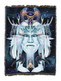 Tapestry blanket with face of an air god, birds, bee, symbols