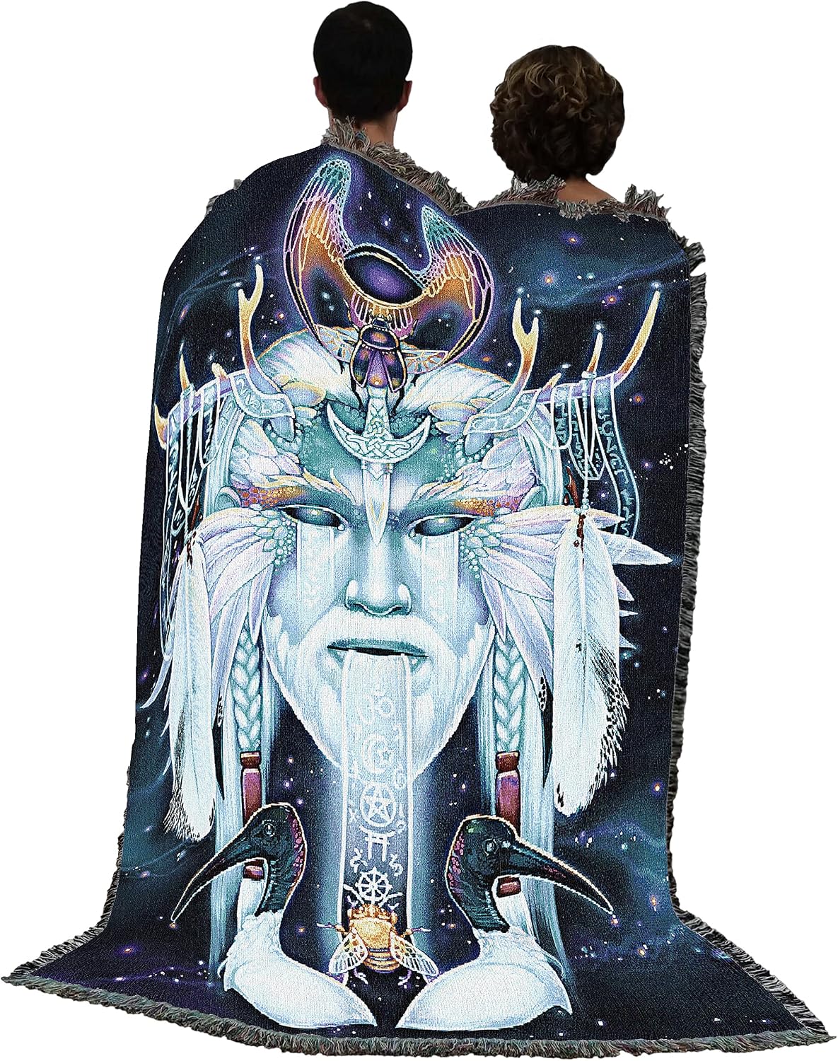 Tapestry blanket with face of an air god, birds, bee, symbols
