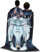 Tapestry blanket with face of an air god, birds, bee, symbols
