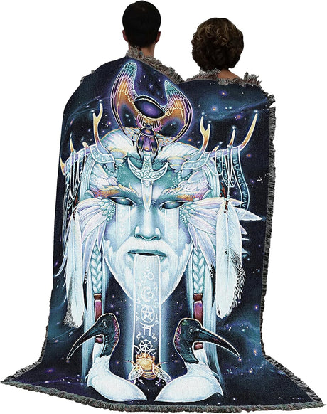 Tapestry blanket with face of an air god, birds, bee, symbols
