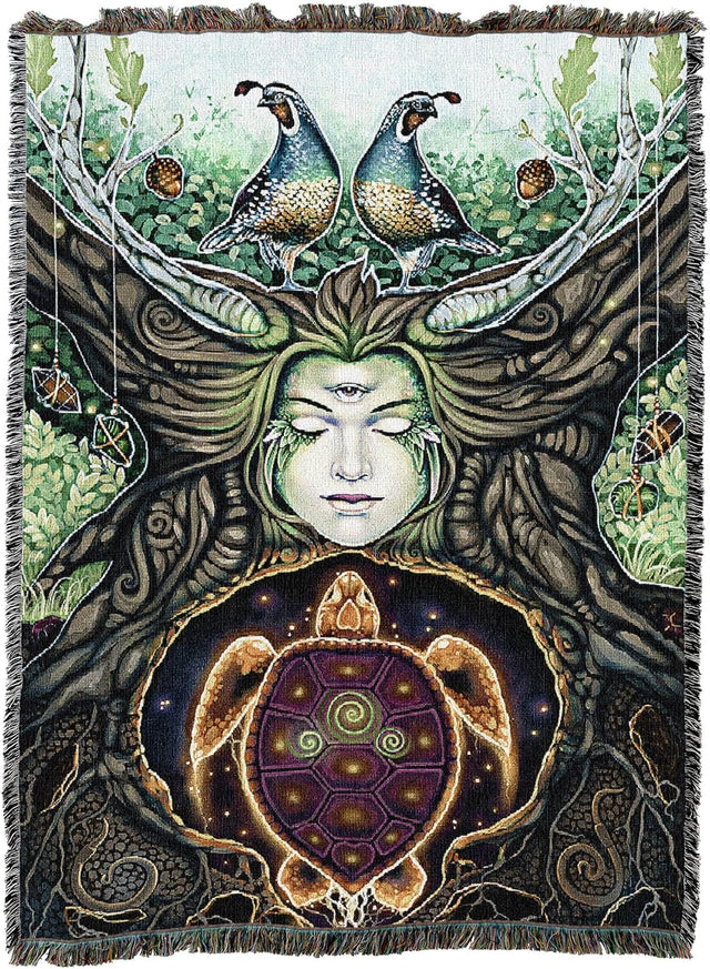 Woven tapestry with a stylized face, birds, and a turtle in a natural setting