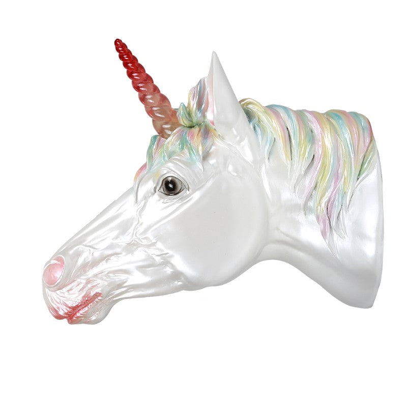 Wall mounted white unicorn head with rainbow hair and LED horn