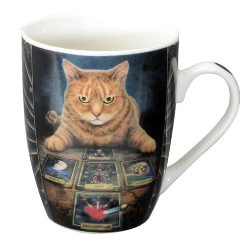China ceramic mug of an orange cat with tarot card spread