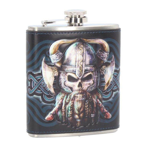 Stainless steel hip flask with faux leather wrap featuring skeleton Viking design with axes
