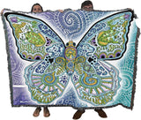 Colorful butterfly-themed tapestry held by two people