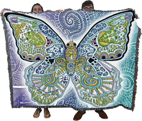 Colorful butterfly-themed tapestry held by two people