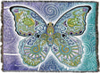 Colorful butterfly design on a woven blanket with intricate patterns.