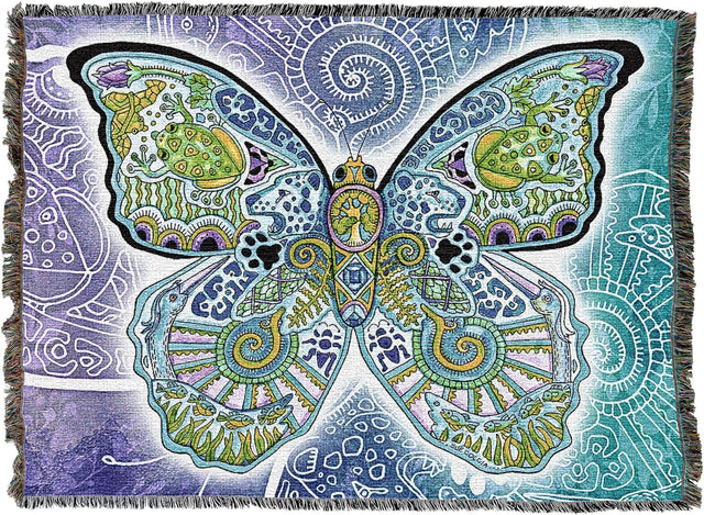 Colorful butterfly design on a woven blanket with intricate patterns.