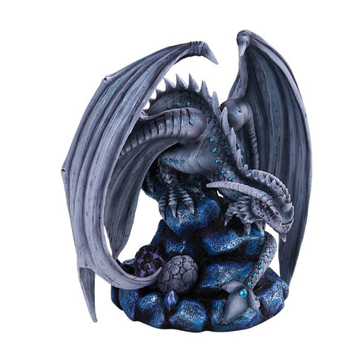 Dragon figurine by Anne Stokes, grey-blue dragon crouched on rocks