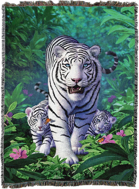 Tapestry of white tiger and cubs in a jungle setting 