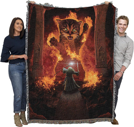 Wizard versus Giant Fire Cat tapestry blanket held by two adults to show large size