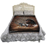 Tapestry blanket with Celtic knotwork and horses, shown on a bed