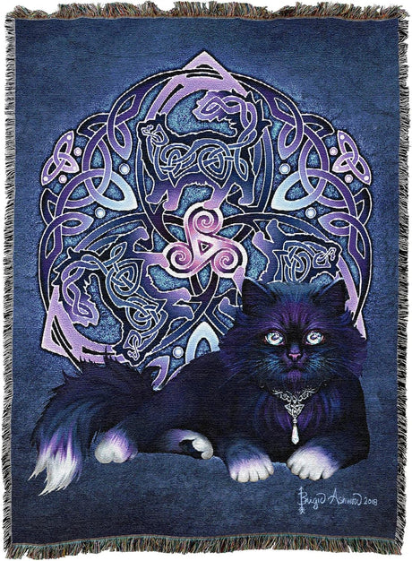 Woven blanket with a black cat and Celtic knot design on a blue background