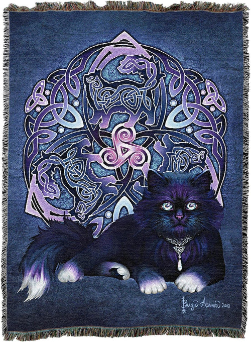 Celtic Black Fluffy Cat Tapestry Blanket by Brigid Ashwood
