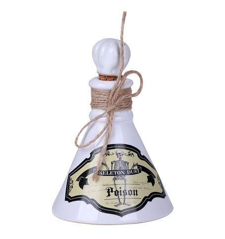 Decorative ceramic bottle with 'Skeleton Dust Poison' label