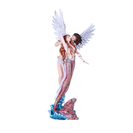 Figurine of angel man with white feathered wings hovering behind a pink scaled mermaid woman, embracing with a kiss as she rises from the waves