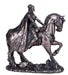 Figurine of Rhiannon from Welsh mythology, riding a horse in ornate garb. A badger is underfoot, half in a bag.