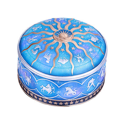 Round blue trinket box with gold sun and stars and silver Zodiac signs