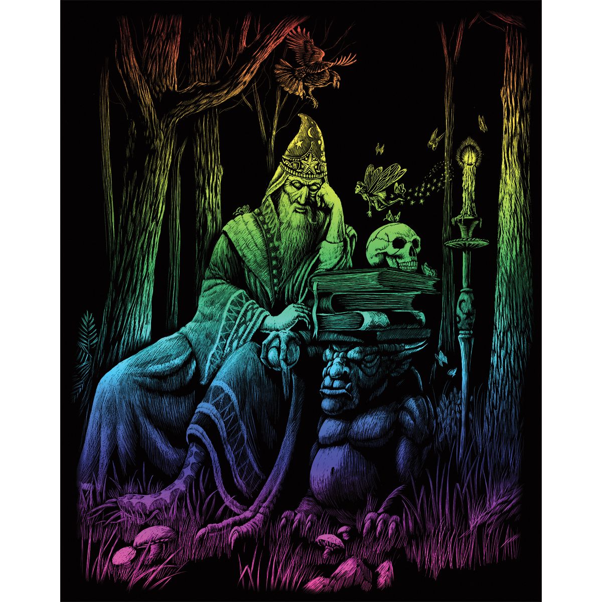 Rainbow engraving art of a wizard with fairy, tomes, and magical things
