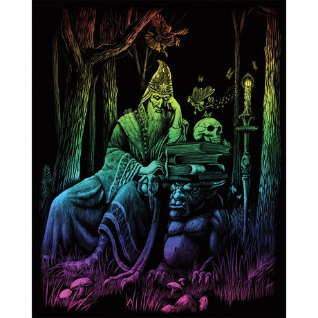 Rainbow engraving art of a wizard with fairy, tomes, and magical things