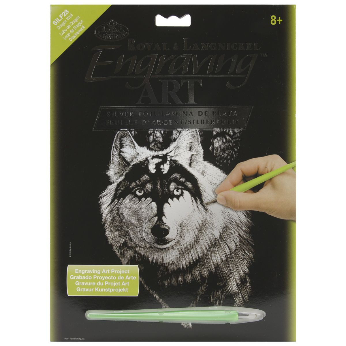 Engraving art set packaging with a wolf and dragon design and engraving tool