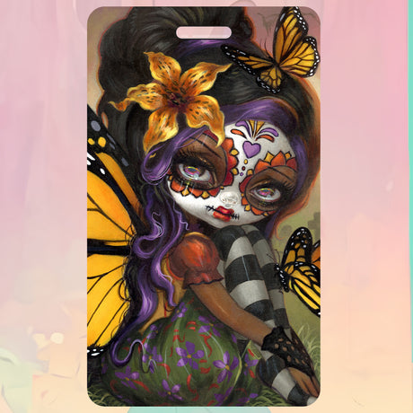 Colorful bag tag with an artistic design of a fairy with butterfly wings and floral elements.