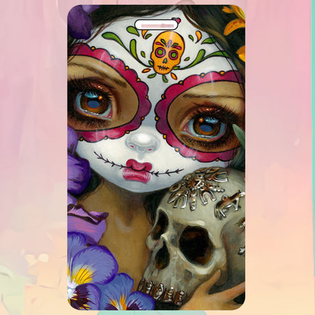 Luggage bag tag with woman in Day of the Dead facepaint and skull