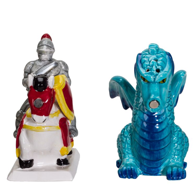 Salt and pepper shakers shaped like a knight on horseback and a blue dragon, with magnets