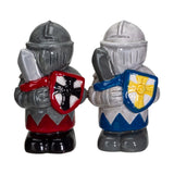 Salt and pepper shakers shaped like knights, one dark gray with red and one light gray with blue, holding swords
