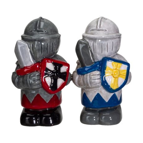 Salt and pepper shakers shaped like knights, one dark gray with red and one light gray with blue, holding swords
