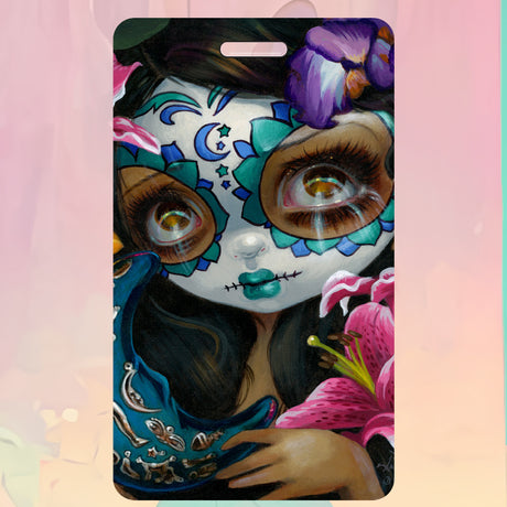 Luggage tag with girl in Day of the Dead facepaint and pink lily flower