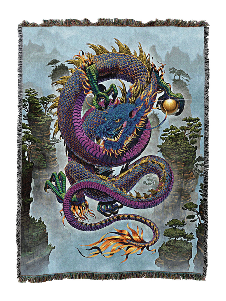 Colorful purple dragon design on a woven blanket with a scenic background