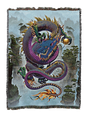 Colorful purple dragon design on a woven blanket with a scenic background