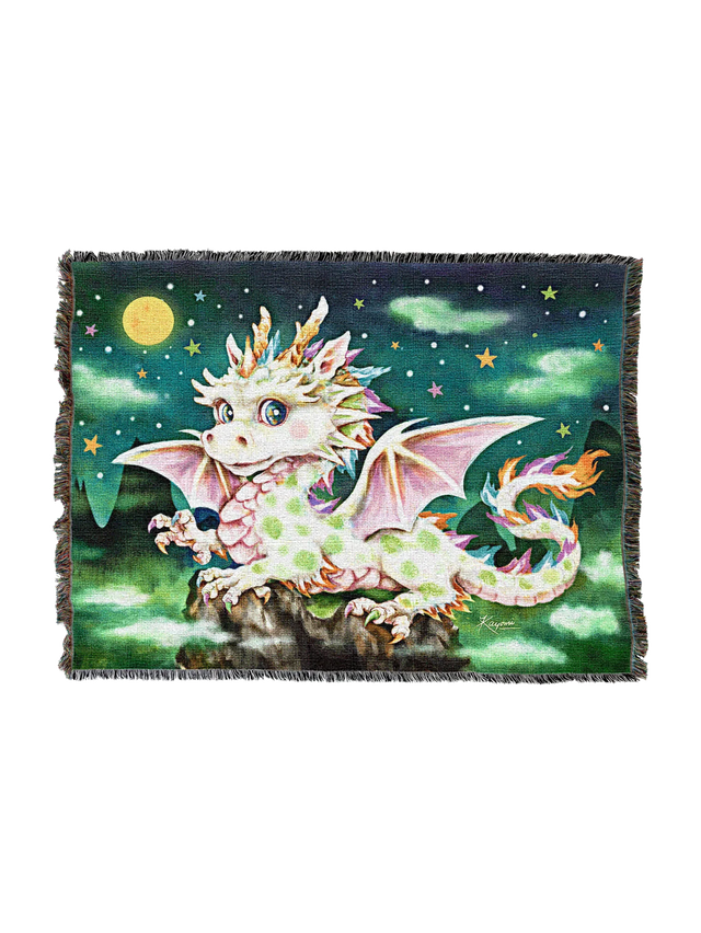 Tapestry blanket featuring a cute white dragon with colorful accents on a starry night sky backdrop