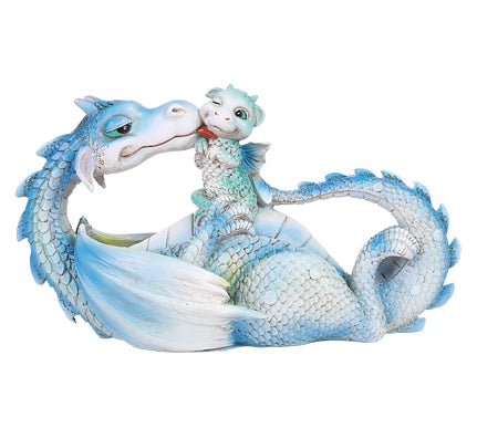 Figurine of white and blue parent dragon with aqua and blue baby on stomach