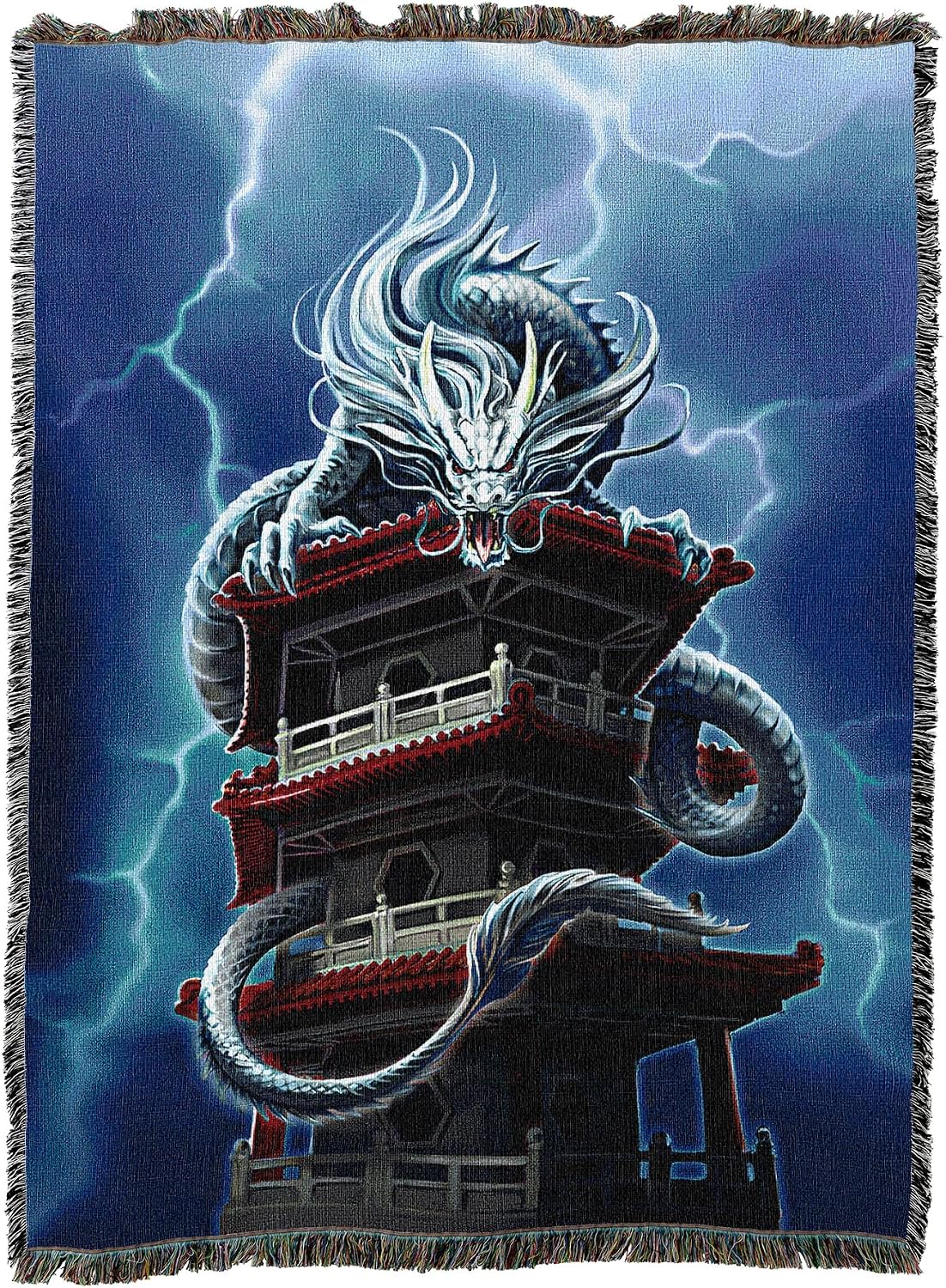 Tapestry blanket with Asian style dragon on a pagoda tower with lightning
