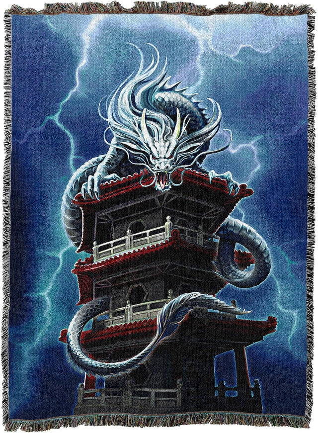 Tapestry blanket with Asian style dragon on a pagoda tower with lightning