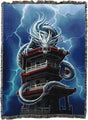 Tapestry blanket with Asian style dragon on a pagoda tower with lightning
