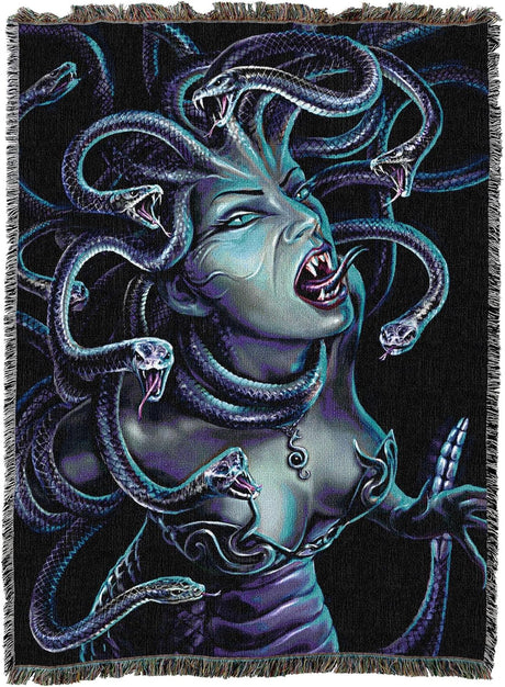 Woven blanket with Medusa, snake-haired woman of myth
