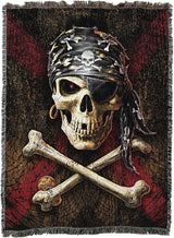Tapestry blanket showing a skull and crossbones in pirate bandana with eyepatch, earring hoop, and doubloons