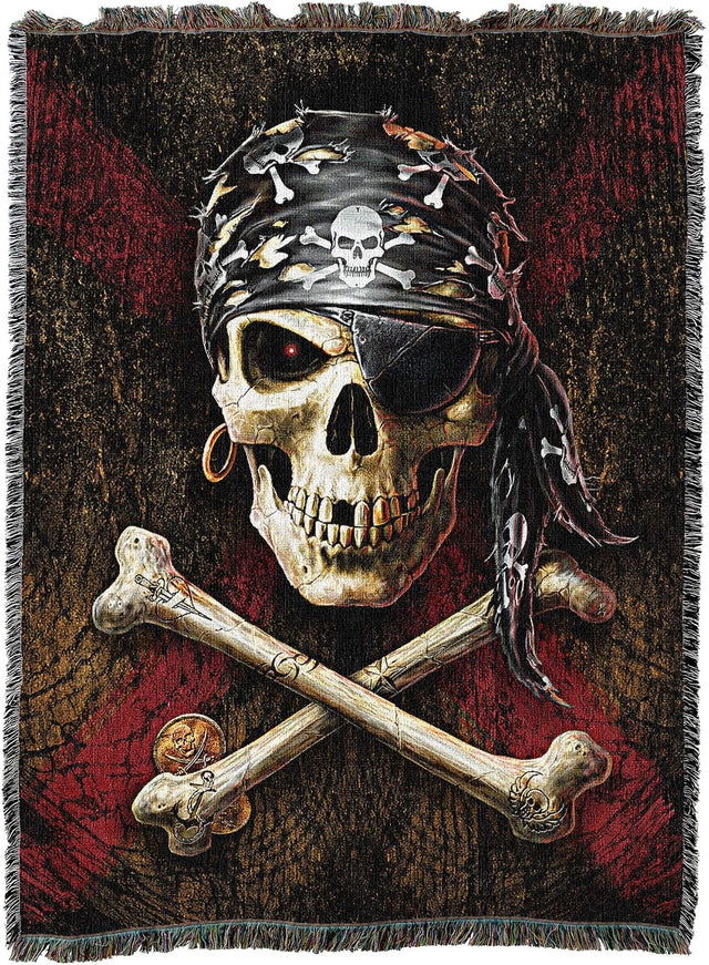 Tapestry blanket showing a skull and crossbones in pirate bandana with eyepatch, earring hoop, and doubloons