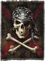 Tapestry blanket showing a skull and crossbones in pirate bandana with eyepatch, earring hoop, and doubloons