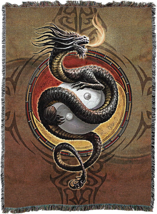 Tapestry blanket with yin yang dragon in earthtones