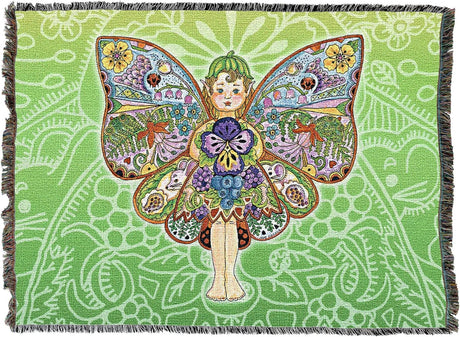 Decorative blanket with a colorful fairy design on a green patterned background