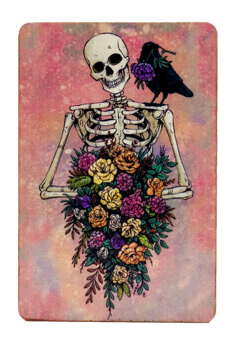 Magnet of skeleton holding flower bouquet with raven on shoulder, pink background