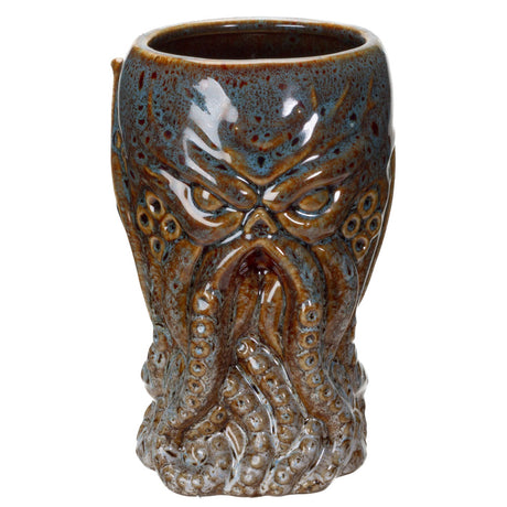 Ceramic Cthulhu pint glass mug with grey-white tentacles, brown underlayer and blue on top