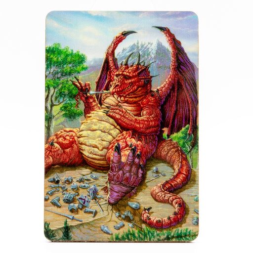 Magnet showing read dragon picking his teeth with a lance, armor scatted around him