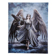 Canvas print by Anne Stokes showing angel in grey dress with feathered wings and raven on her arm