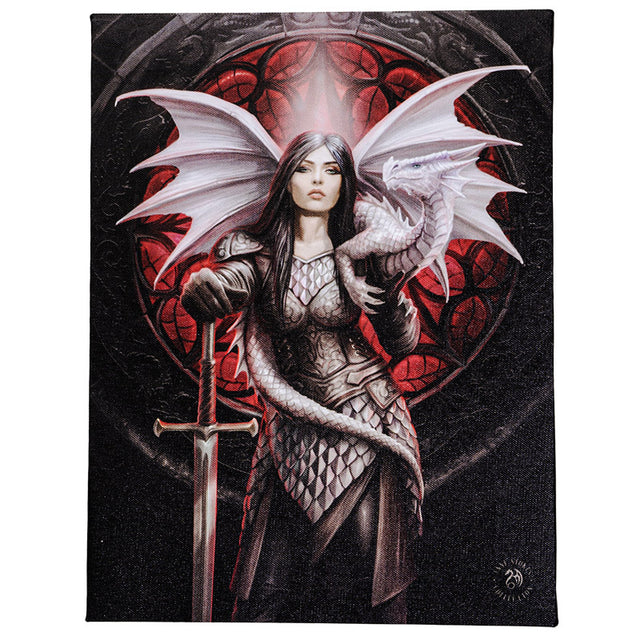 Canvas print by Anne Stokes, knight woman in armor with sword and dragon on her shoulder, standing in front of Gothic red glass window
