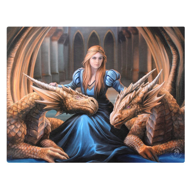 Canvas print by Anne Stokes featuring woman in blue dress with two golden dragons